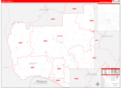 Jersey County, IL Wall Map Zip Code Red Line Style 2024
