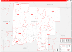 Johnson County, AR Wall Map Zip Code Red Line Style 2024
