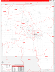 Johnson County, IA Wall Map Zip Code Red Line Style 2024