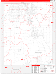Johnson County, IN Wall Map Zip Code Red Line Style 2024