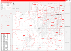 Johnson County, KS Wall Map Zip Code Red Line Style 2024