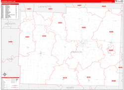 Johnson County, MO Wall Map Zip Code Red Line Style 2024