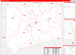 Johnson County, TX Wall Map Zip Code Red Line Style 2024
