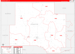 Johnston County, OK Wall Map Zip Code Red Line Style 2024