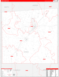 Jones County, MS Wall Map Zip Code Red Line Style 2024