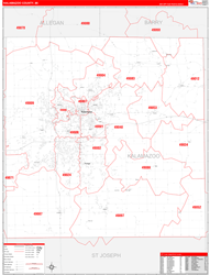 Kalamazoo County, MI Wall Map Zip Code Red Line Style 2024