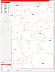 Kandiyohi County, MN Wall Map Zip Code Red Line Style 2024