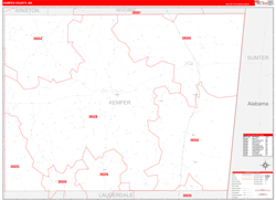 Kemper County, MS Wall Map Zip Code Red Line Style 2024