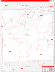 Kendall County, IL Wall Map Zip Code Red Line Style 2024