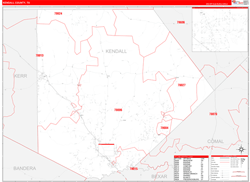 Kendall County, TX Wall Map Zip Code Red Line Style 2024