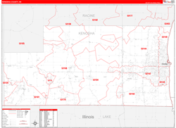 Kenosha County, WI Wall Map Zip Code Red Line Style 2024