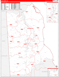 Kent County, DE Wall Map Zip Code Red Line Style 2024