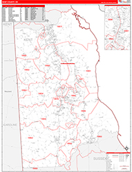 Kent County, DE Wall Map Zip Code Red Line Style 2026