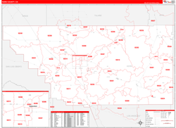 Kern County, CA Wall Map Zip Code Red Line Style 2024