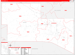 Kerr County, TX Wall Map Zip Code Red Line Style 2024