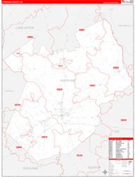 Kershaw County, SC Wall Map Zip Code Red Line Style 2024