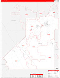 Kings County, CA Wall Map Zip Code Red Line Style 2024