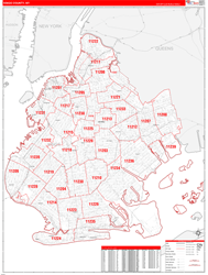 Kings County, NY Wall Map Zip Code Red Line Style 2024