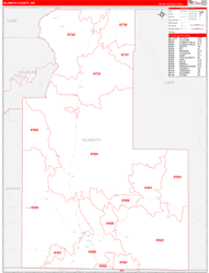 Klamath County, OR Wall Map Zip Code Red Line Style 2024