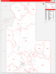 Klamath County, OR Wall Map Zip Code Red Line Style 2026