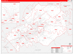Knox County, TN Wall Map Zip Code Red Line Style 2024
