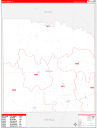 Knox County, TX Wall Map Zip Code Red Line Style 2024