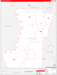 Lafayette County, AR Wall Map Zip Code Red Line Style 2024