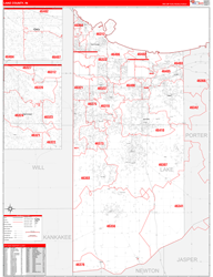 Lake County, IN Wall Map Zip Code Red Line Style 2024