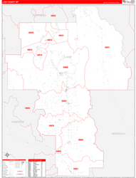 Lake County, MT Wall Map Zip Code Red Line Style 2023
