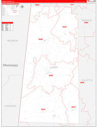 Lamar County, AL Wall Map Zip Code Red Line Style 2024