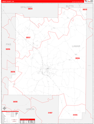 Lamar County, GA Wall Map Zip Code Red Line Style 2024
