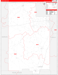 Lamar County, MS Wall Map Zip Code Red Line Style 2024