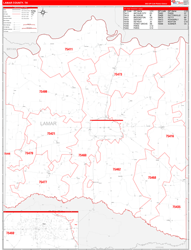 Lamar County, TX Wall Map Zip Code Red Line Style 2024