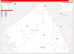 Lampasas County, TX Wall Map Zip Code Red Line Style 2024