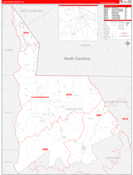 Lancaster County, SC Wall Map Zip Code Red Line Style 2024