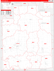 Lapeer County, MI Wall Map Zip Code Red Line Style 2024