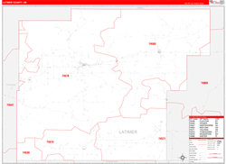 Latimer County, OK Wall Map Zip Code Red Line Style 2024