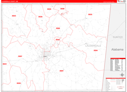 Lauderdale County, MS Wall Map Zip Code Red Line Style 2024