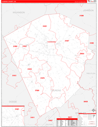 Laurens County, GA Wall Map Zip Code Red Line Style 2024