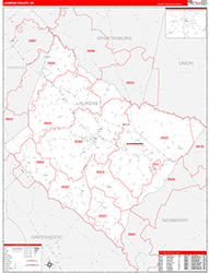 Laurens County, SC Wall Map Zip Code Red Line Style 2026