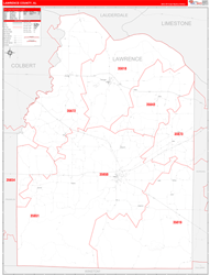 Lawrence County, AL Wall Map Zip Code Red Line Style 2024