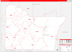 Lawrence County, AR Wall Map Zip Code Red Line Style 2024