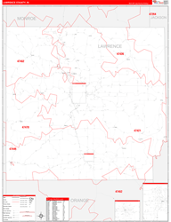 Lawrence County, IN Wall Map Zip Code Red Line Style 2024