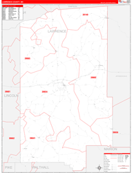 Lawrence County, MS Wall Map Zip Code Red Line Style 2024
