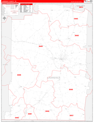 Lawrence County, TN Wall Map Zip Code Red Line Style 2024