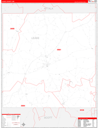 Leake County, MS Wall Map Zip Code Red Line Style 2024