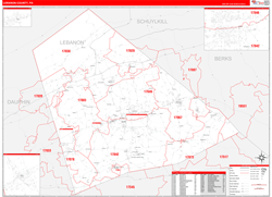 Lebanon County, PA Wall Map Zip Code Red Line Style 2024
