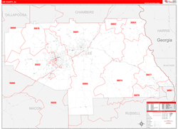 Lee County, AL Wall Map Zip Code Red Line Style 2024