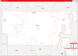 Lee County, AR Wall Map Zip Code Red Line Style 2024