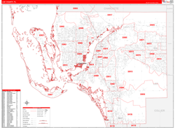 Lee County, FL Wall Map Zip Code Red Line Style 2023